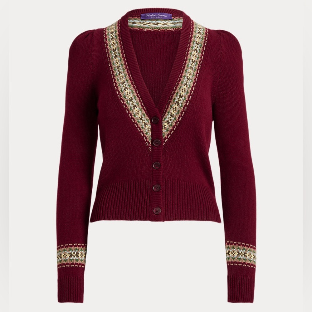 $2k Ralph Lauren purple label Burgundy cashmere fair isle Cardigan.  Italy